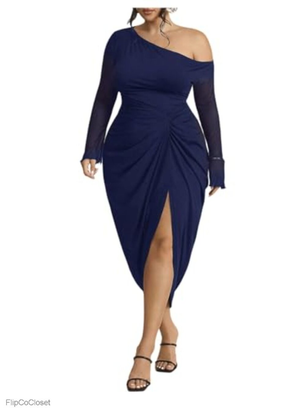 Plus Size Off Shoulder Bodycon Dress Mesh Long Sleeve Ruched Split Midi